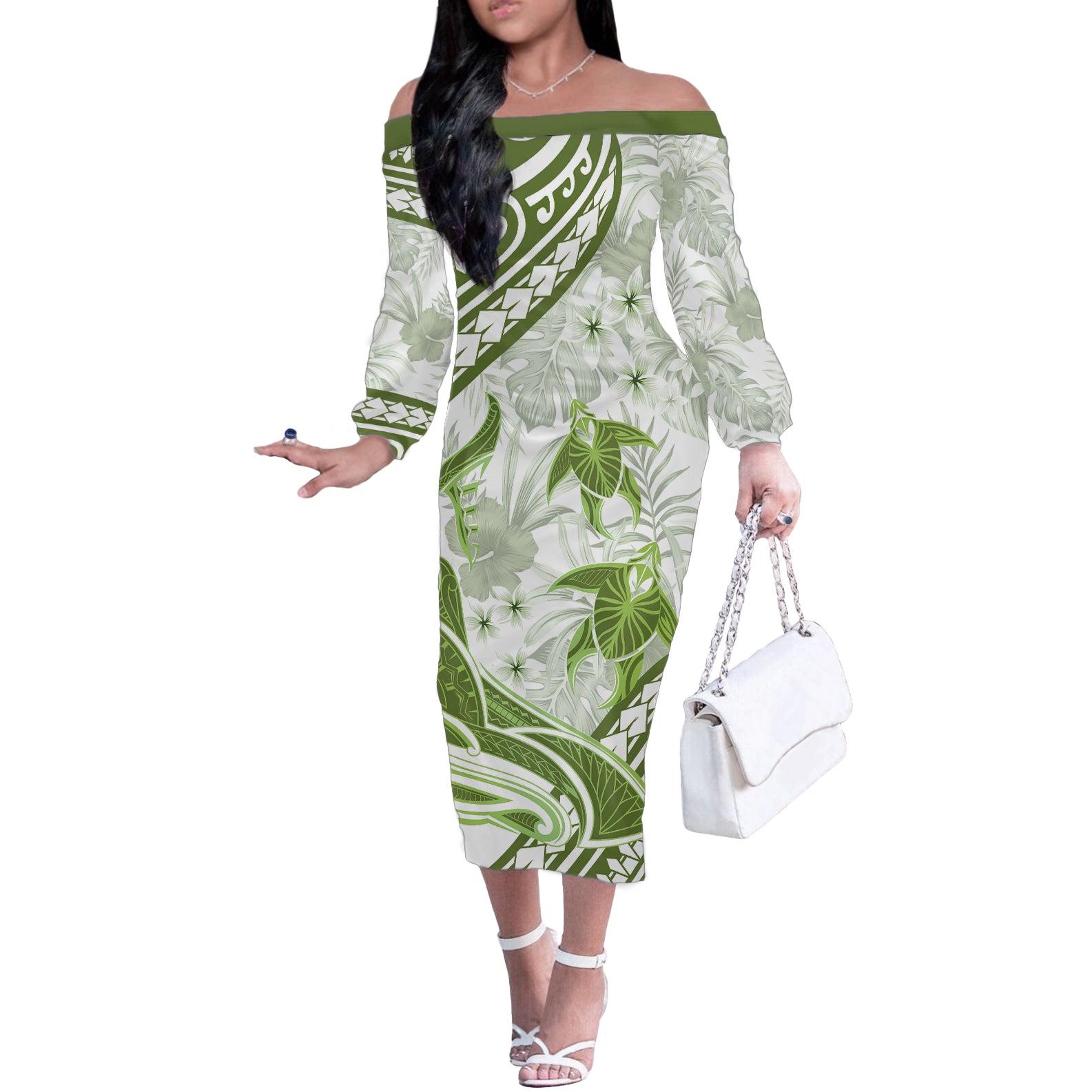 Lime Green Polynesia Off The Shoulder Long Sleeve Dress Polynesian Turtle Shark Tattoo Tropical Vintage LT14 Women Lime Green - Polynesian Pride