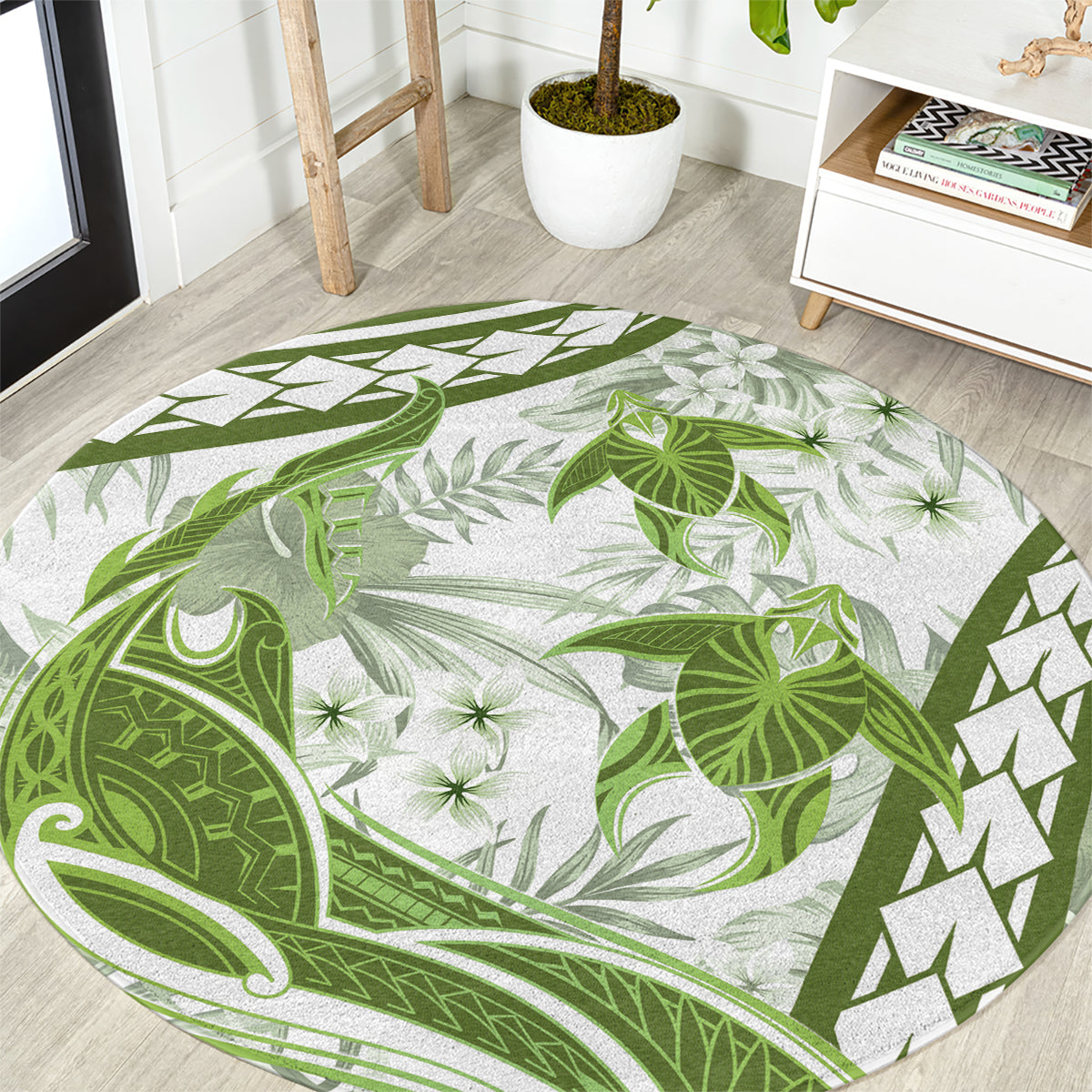 Lime Green Polynesia Round Carpet Polynesian Turtle Shark Tattoo Tropical Vintage