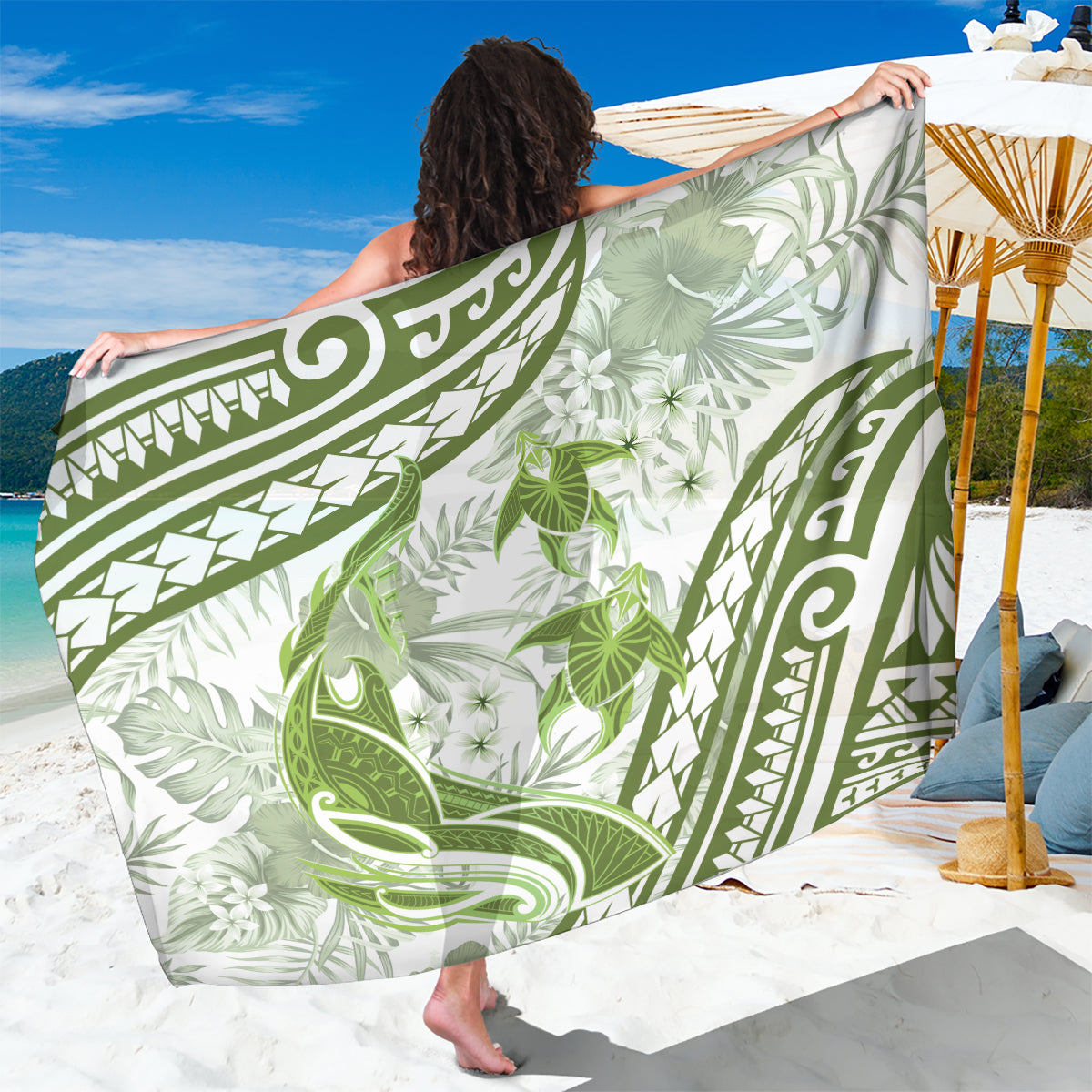 Lime Green Polynesia Sarong Polynesian Turtle Shark Tattoo Tropical Vintage