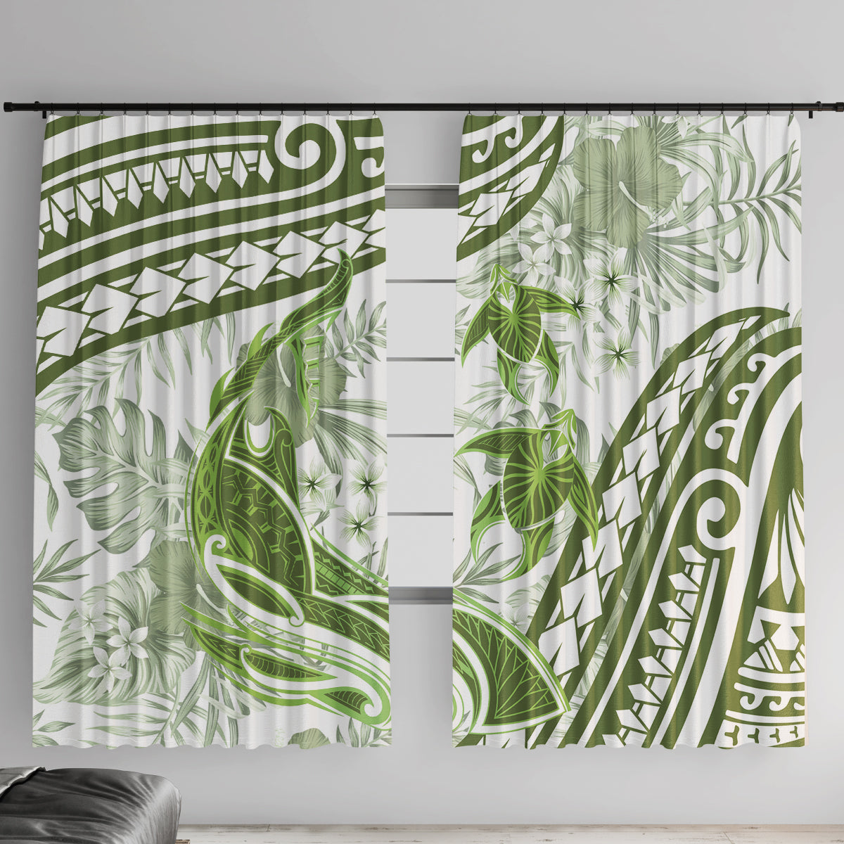 Lime Green Polynesia Window Curtain Polynesian Turtle Shark Tattoo Tropical Vintage