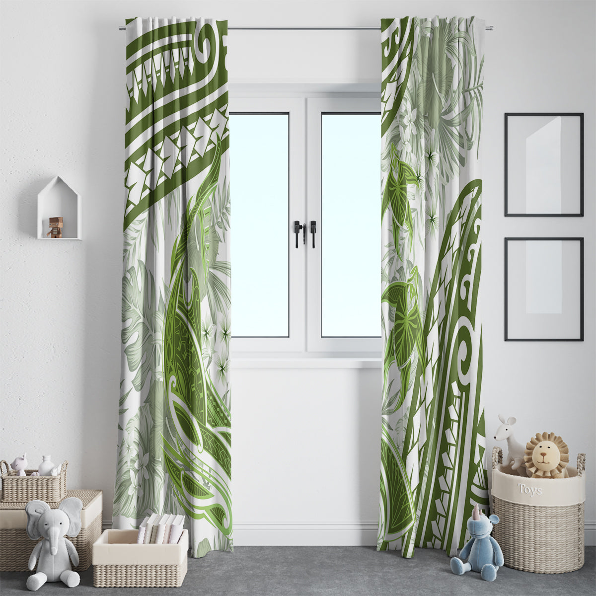 Lime Green Polynesia Window Curtain Polynesian Turtle Shark Tattoo Tropical Vintage LT14 - Polynesian Pride