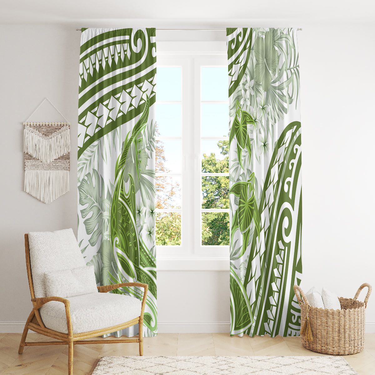Lime Green Polynesia Window Curtain Polynesian Turtle Shark Tattoo Tropical Vintage LT14 - Polynesian Pride