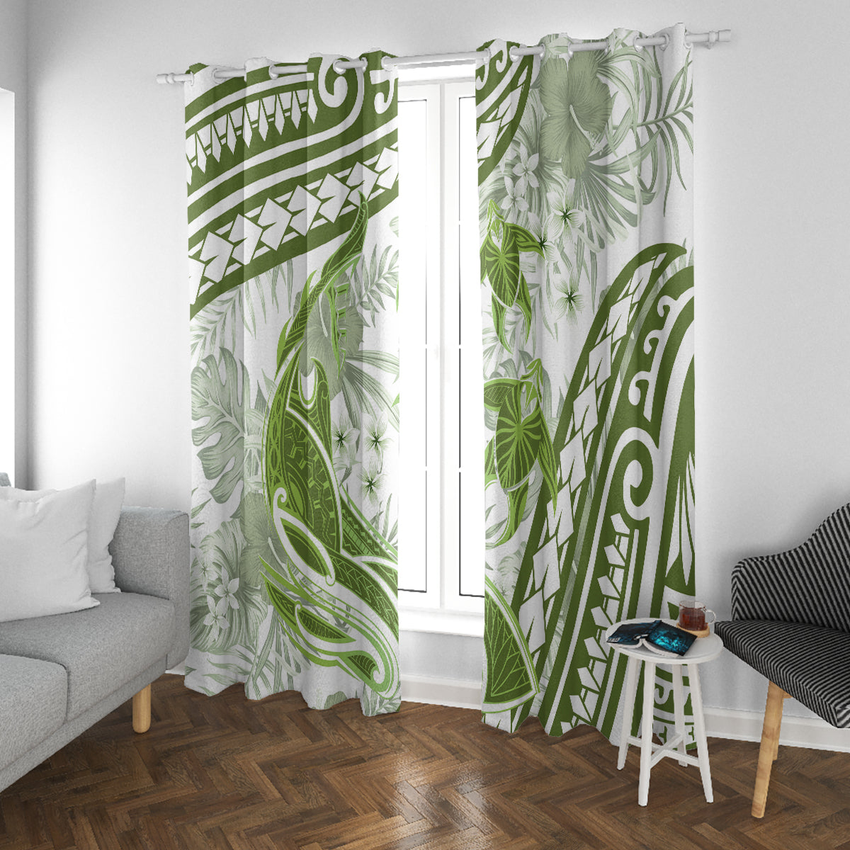 Lime Green Polynesia Window Curtain Polynesian Turtle Shark Tattoo Tropical Vintage LT14 With Grommets Lime Green - Polynesian Pride