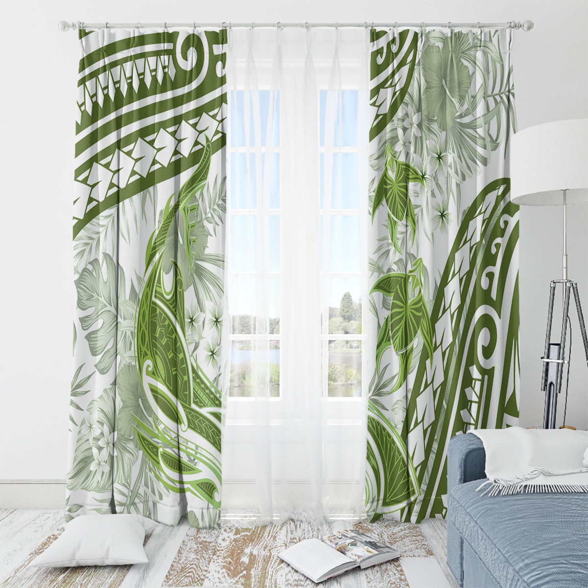 Lime Green Polynesia Window Curtain Polynesian Turtle Shark Tattoo Tropical Vintage LT14 - Polynesian Pride