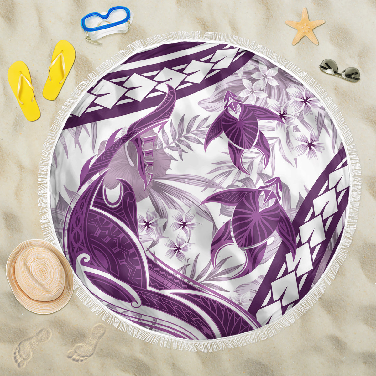 Purple Polynesia Beach Blanket Polynesian Turtle Shark Tattoo Tropical Vintage LT14 One Size 150cm Purple - Polynesian Pride