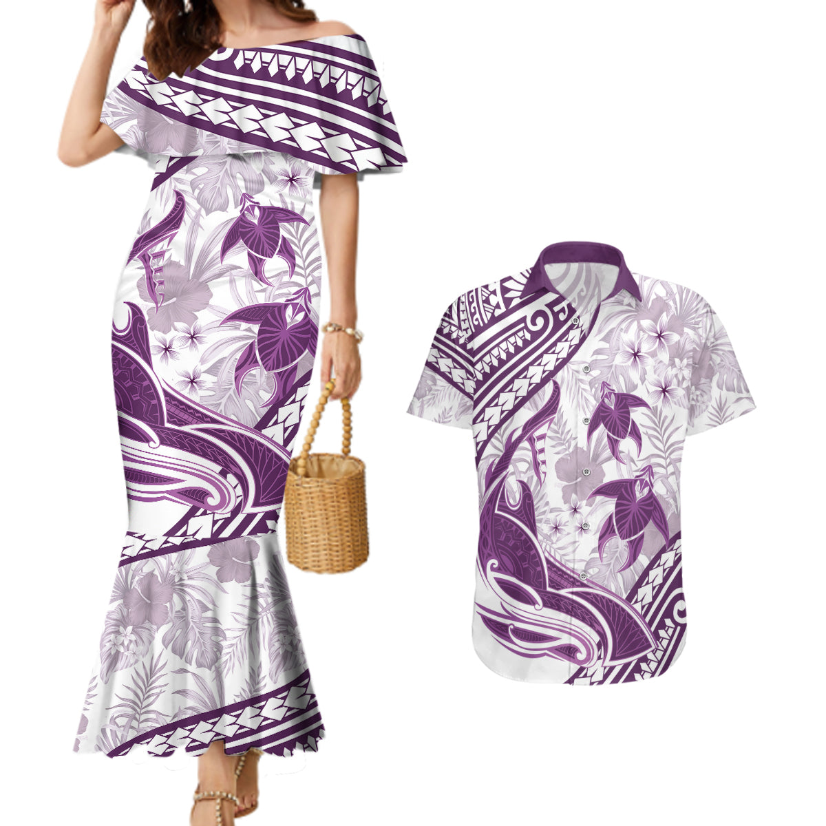 Purple Polynesia Couples Matching Mermaid Dress and Hawaiian Shirt Polynesian Turtle Shark Tattoo Tropical Vintage LT14 Purple - Polynesian Pride