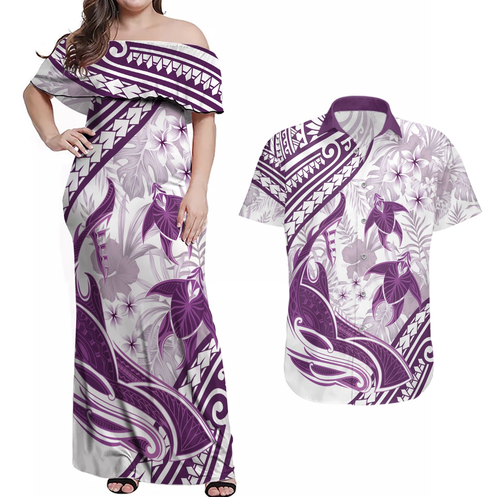 Purple Polynesia Couples Matching Off Shoulder Maxi Dress and Hawaiian Shirt Polynesian Turtle Shark Tattoo Tropical Vintage LT14 Purple - Polynesian Pride