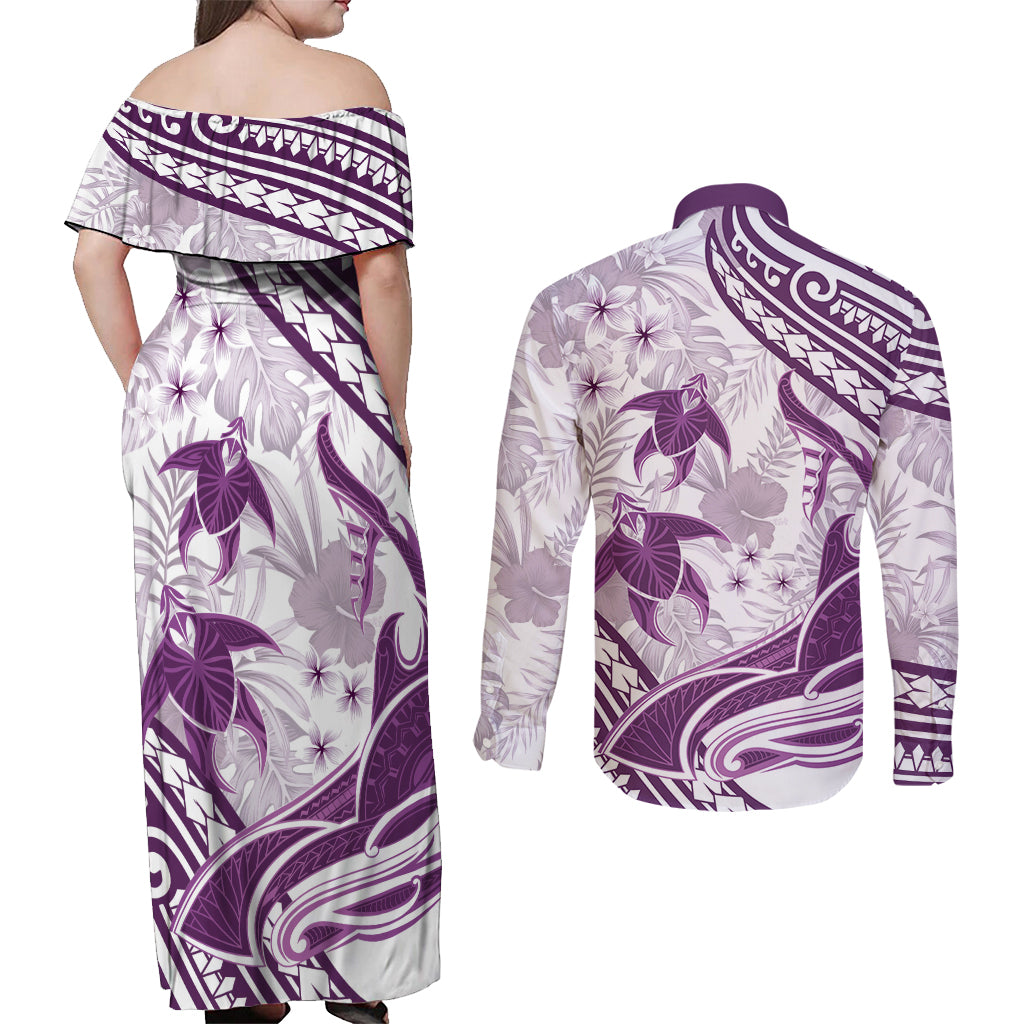 Purple Polynesia Couples Matching Off Shoulder Maxi Dress and Long Sleeve Button Shirt Polynesian Turtle Shark Tattoo Tropical Vintage LT14 - Polynesian Pride
