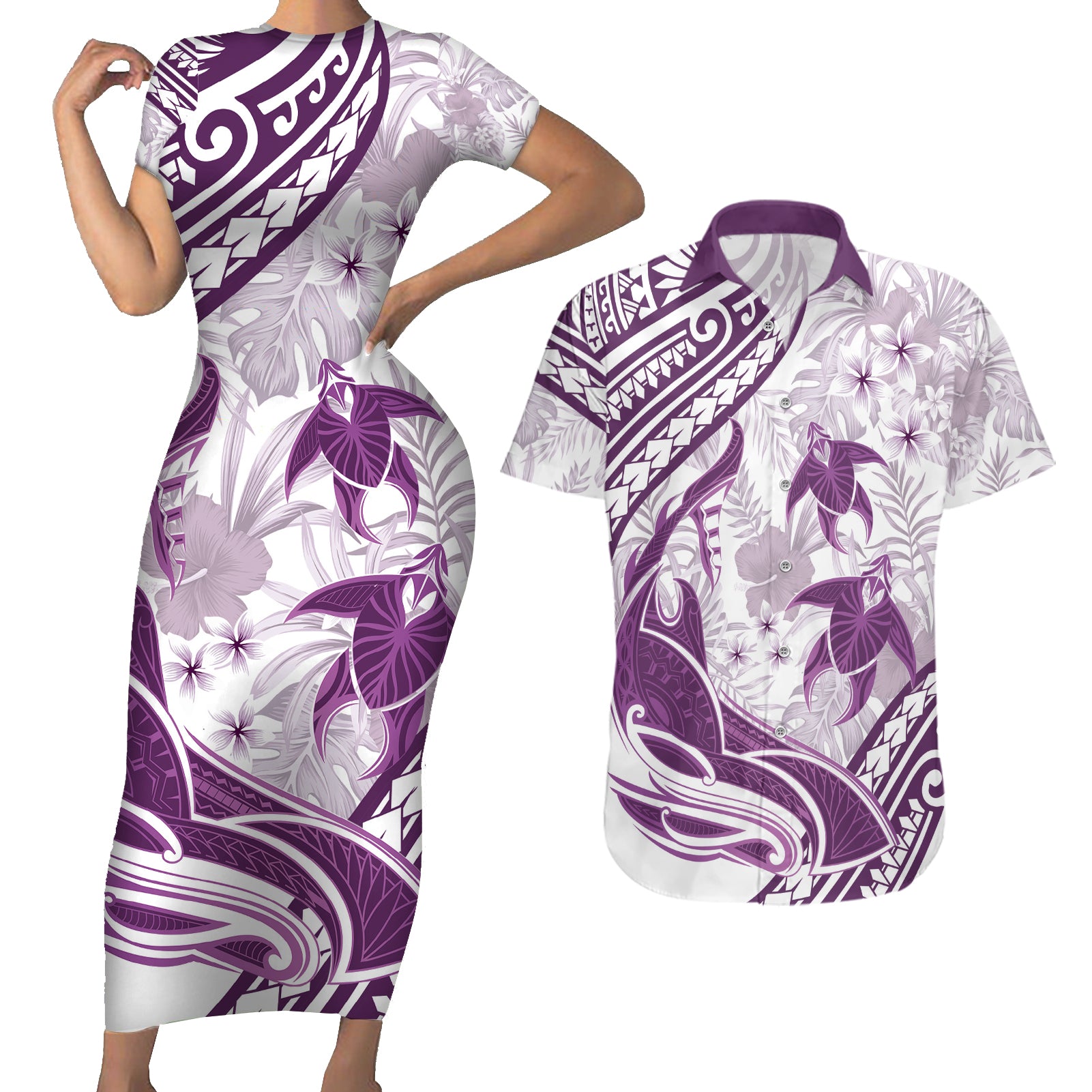 Purple Polynesia Couples Matching Short Sleeve Bodycon Dress and Hawaiian Shirt Polynesian Turtle Shark Tattoo Tropical Vintage LT14 Purple - Polynesian Pride