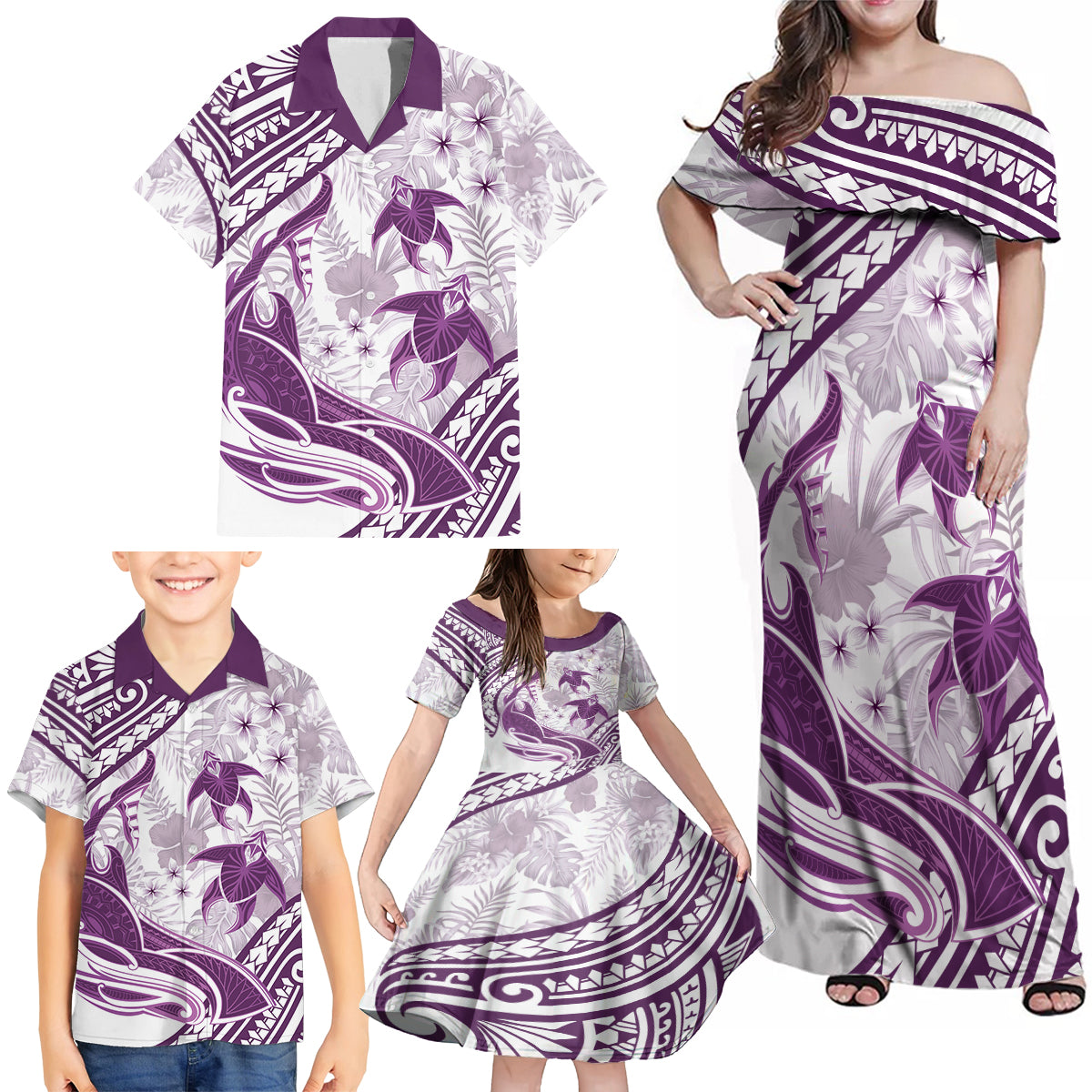 Purple Polynesia Family Matching Off Shoulder Maxi Dress and Hawaiian Shirt Polynesian Turtle Shark Tattoo Tropical Vintage LT14 - Polynesian Pride