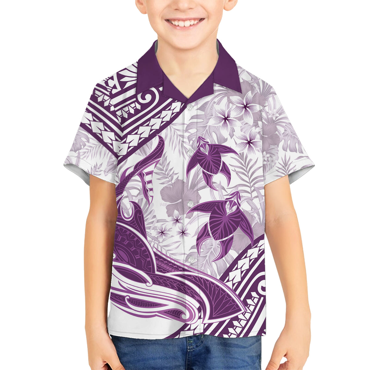 Purple Polynesia Family Matching Puletasi and Hawaiian Shirt Polynesian Turtle Shark Tattoo Tropical Vintage LT14 Son's Shirt Purple - Polynesian Pride