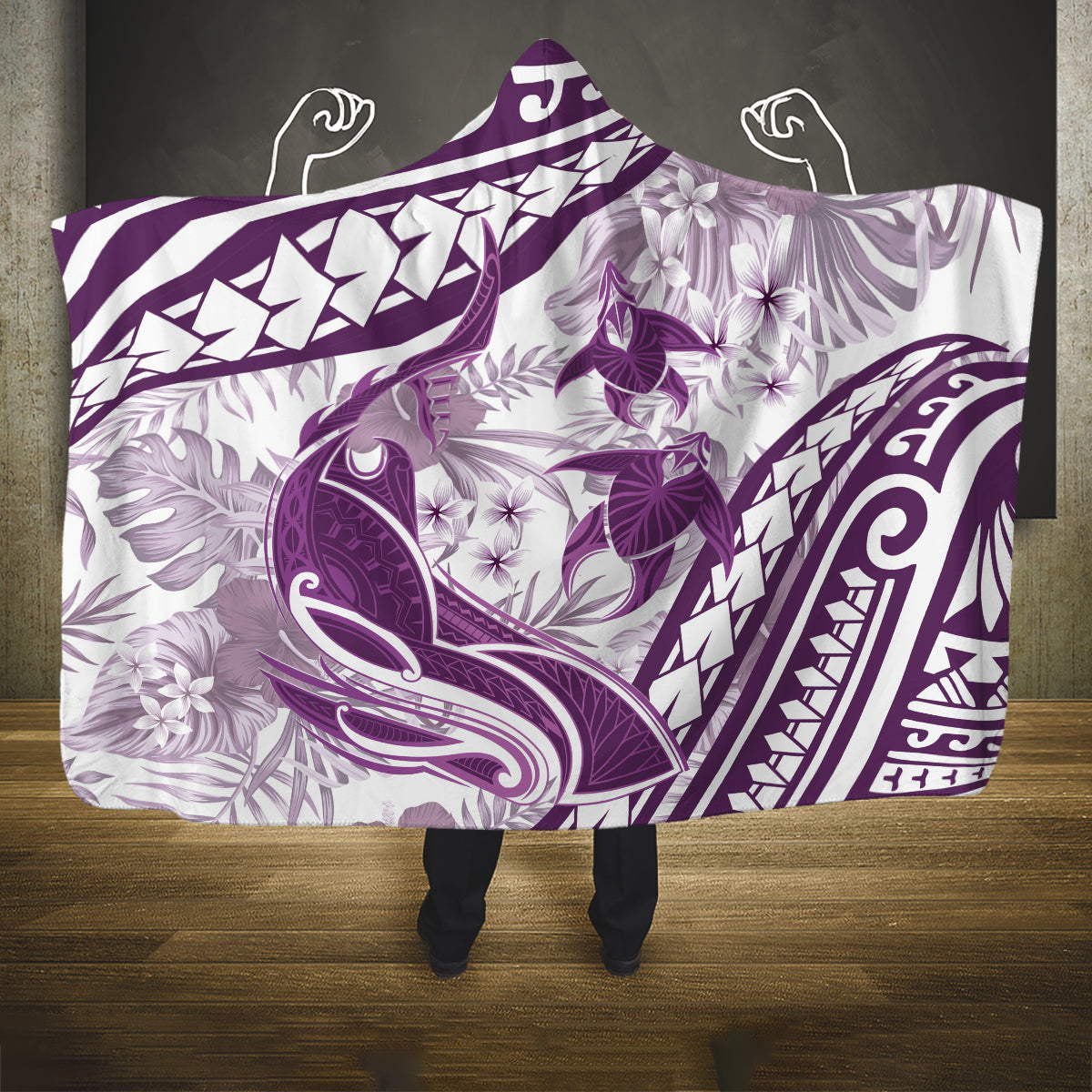 Purple Polynesia Hooded Blanket Polynesian Turtle Shark Tattoo Tropical Vintage