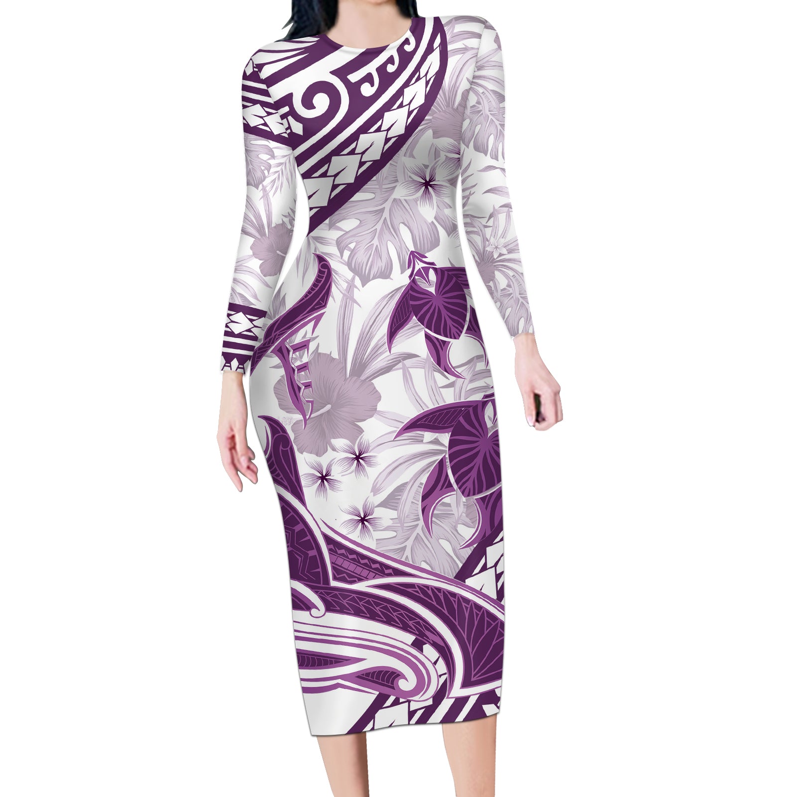 Purple Polynesia Long Sleeve Bodycon Dress Polynesian Turtle Shark Tattoo Tropical Vintage LT14 Long Dress Purple - Polynesian Pride