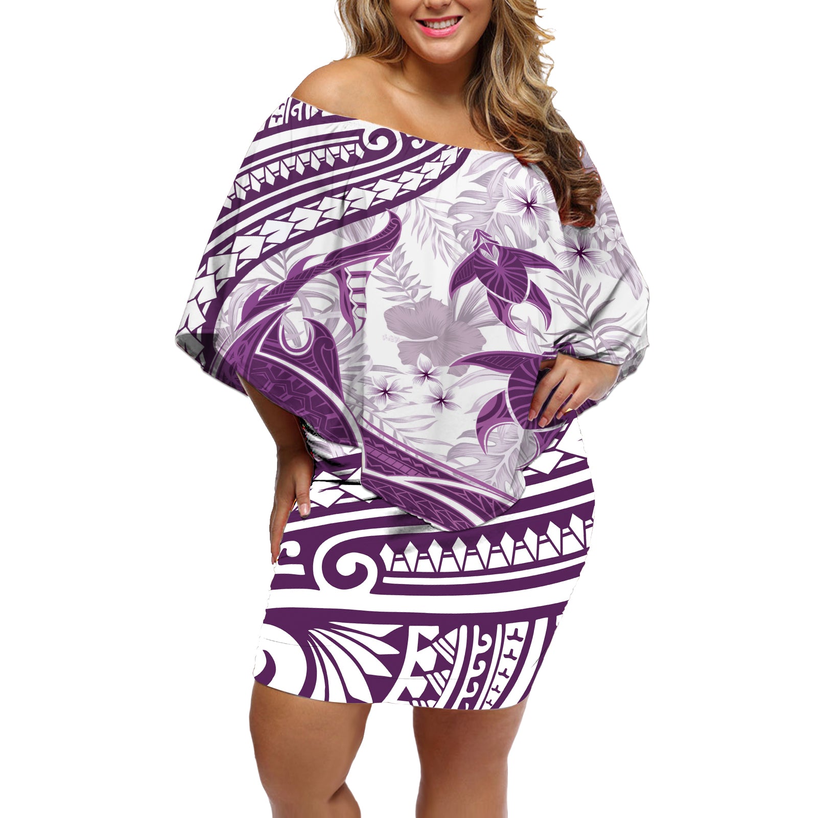 Purple Polynesia Off Shoulder Short Dress Polynesian Turtle Shark Tattoo Tropical Vintage LT14 Women Purple - Polynesian Pride