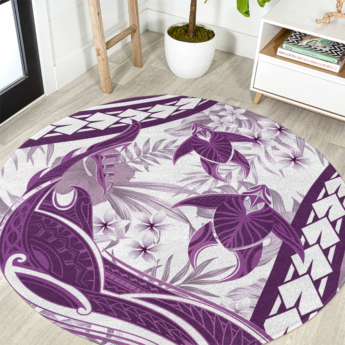 Purple Polynesia Round Carpet Polynesian Turtle Shark Tattoo Tropical Vintage