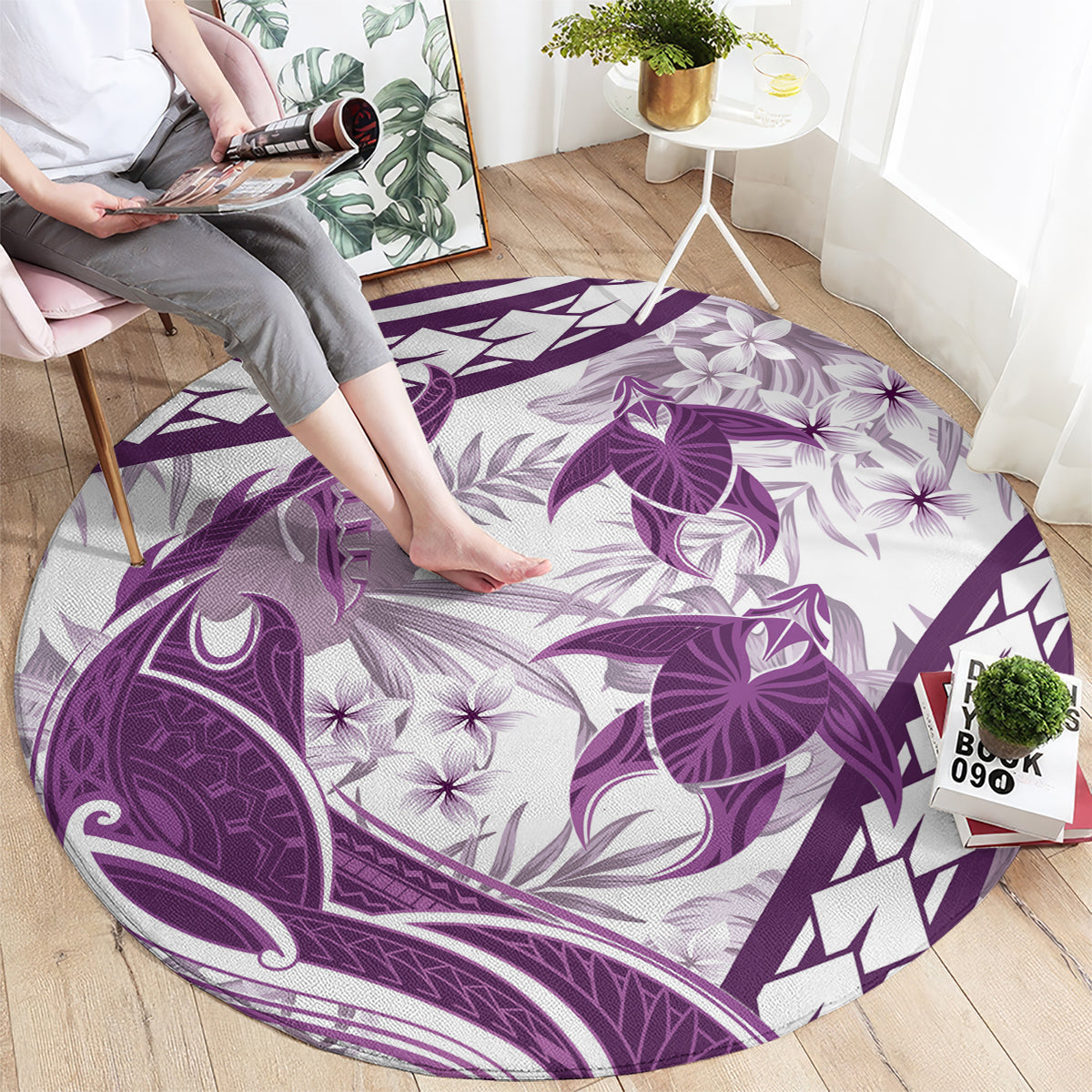 Purple Polynesia Round Carpet Polynesian Turtle Shark Tattoo Tropical Vintage