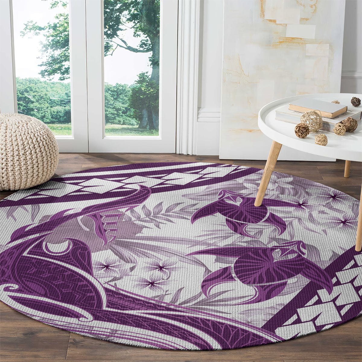 Purple Polynesia Round Carpet Polynesian Turtle Shark Tattoo Tropical Vintage