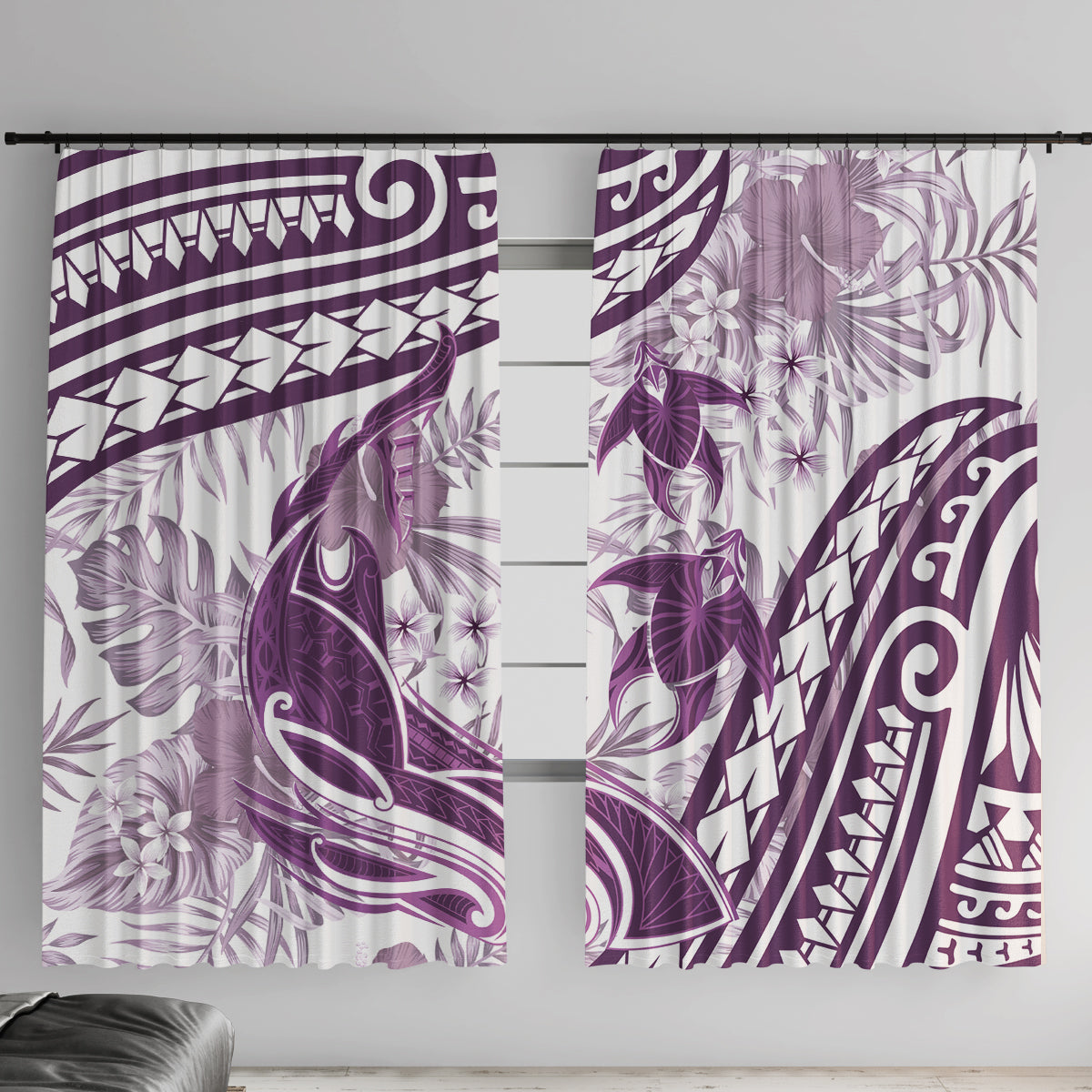 Purple Polynesia Window Curtain Polynesian Turtle Shark Tattoo Tropical Vintage