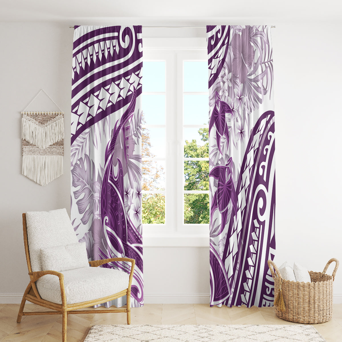 Purple Polynesia Window Curtain Polynesian Turtle Shark Tattoo Tropical Vintage LT14 - Polynesian Pride