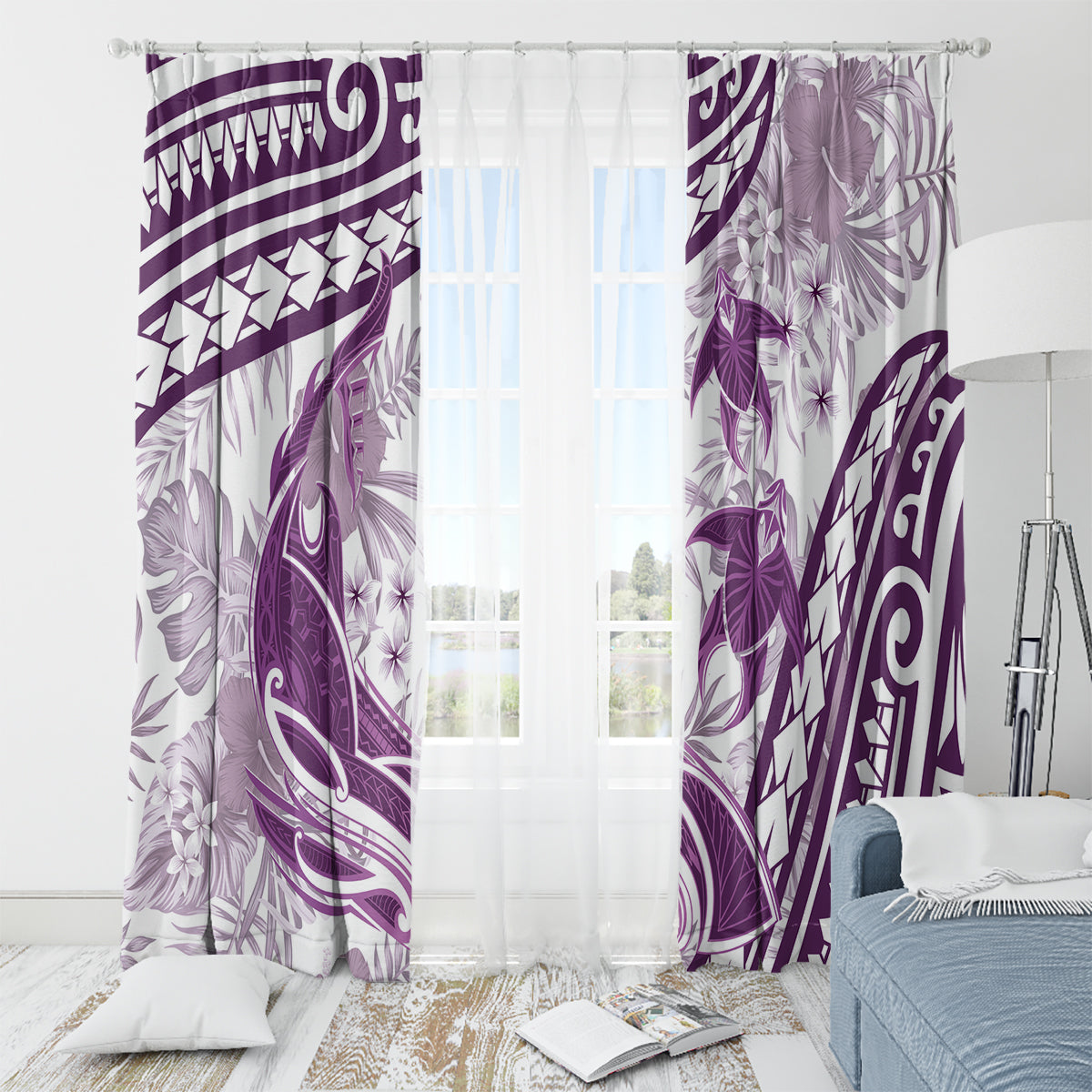 Purple Polynesia Window Curtain Polynesian Turtle Shark Tattoo Tropical Vintage LT14 - Polynesian Pride