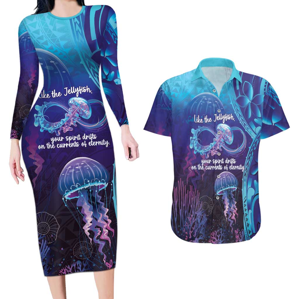 Polynesia Jellyfish Memorial Personalised Couples Matching Long Sleeve Bodycon Dress and Hawaiian Shirt Infinity Jellies Polynesian Pattern LT14 Purple - Polynesian Pride