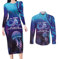 Polynesia Jellyfish Memorial Personalised Couples Matching Long Sleeve Bodycon Dress and Long Sleeve Button Shirt Infinity Jellies Polynesian Pattern LT14 Purple - Polynesian Pride