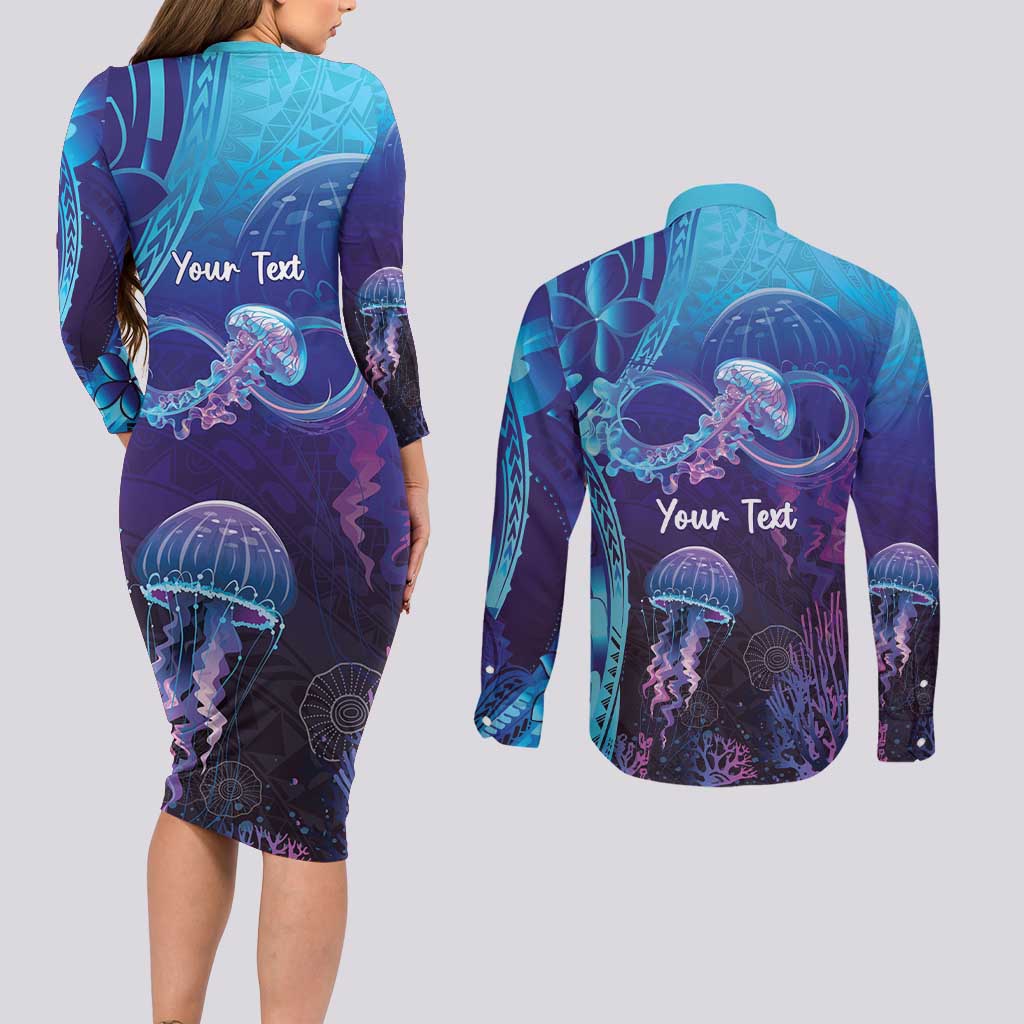 Polynesia Jellyfish Memorial Personalised Couples Matching Long Sleeve Bodycon Dress and Long Sleeve Button Shirt Infinity Jellies Polynesian Pattern LT14 - Polynesian Pride