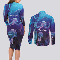 Polynesia Jellyfish Memorial Personalised Couples Matching Long Sleeve Bodycon Dress and Long Sleeve Button Shirt Infinity Jellies Polynesian Pattern LT14 - Polynesian Pride