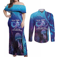 Polynesia Jellyfish Memorial Personalised Couples Matching Off Shoulder Maxi Dress and Long Sleeve Button Shirt Infinity Jellies Polynesian Pattern LT14 Purple - Polynesian Pride