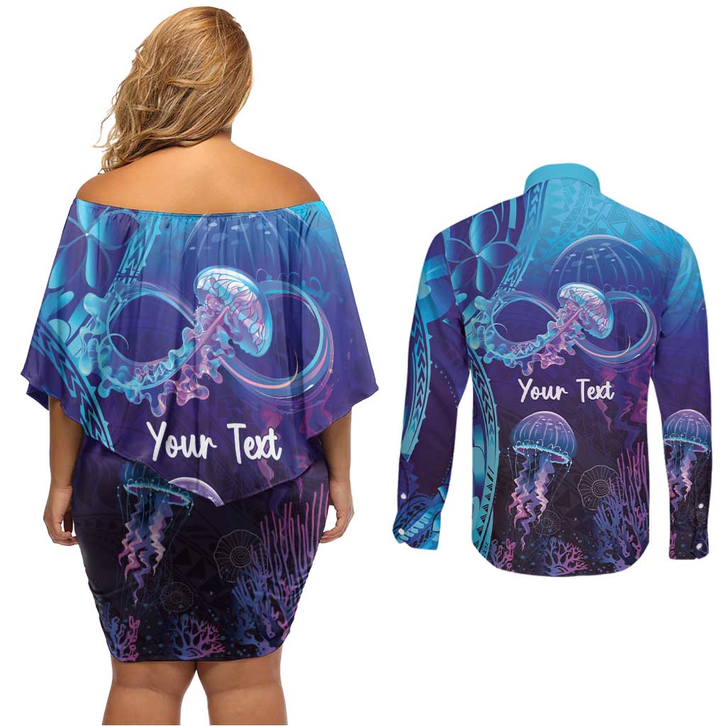 Polynesia Jellyfish Memorial Personalised Couples Matching Off Shoulder Short Dress and Long Sleeve Button Shirt Infinity Jellies Polynesian Pattern LT14 - Polynesian Pride