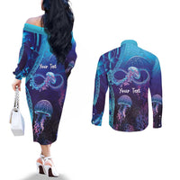 Polynesia Jellyfish Memorial Personalised Couples Matching Off The Shoulder Long Sleeve Dress and Long Sleeve Button Shirt Infinity Jellies Polynesian Pattern LT14 - Polynesian Pride