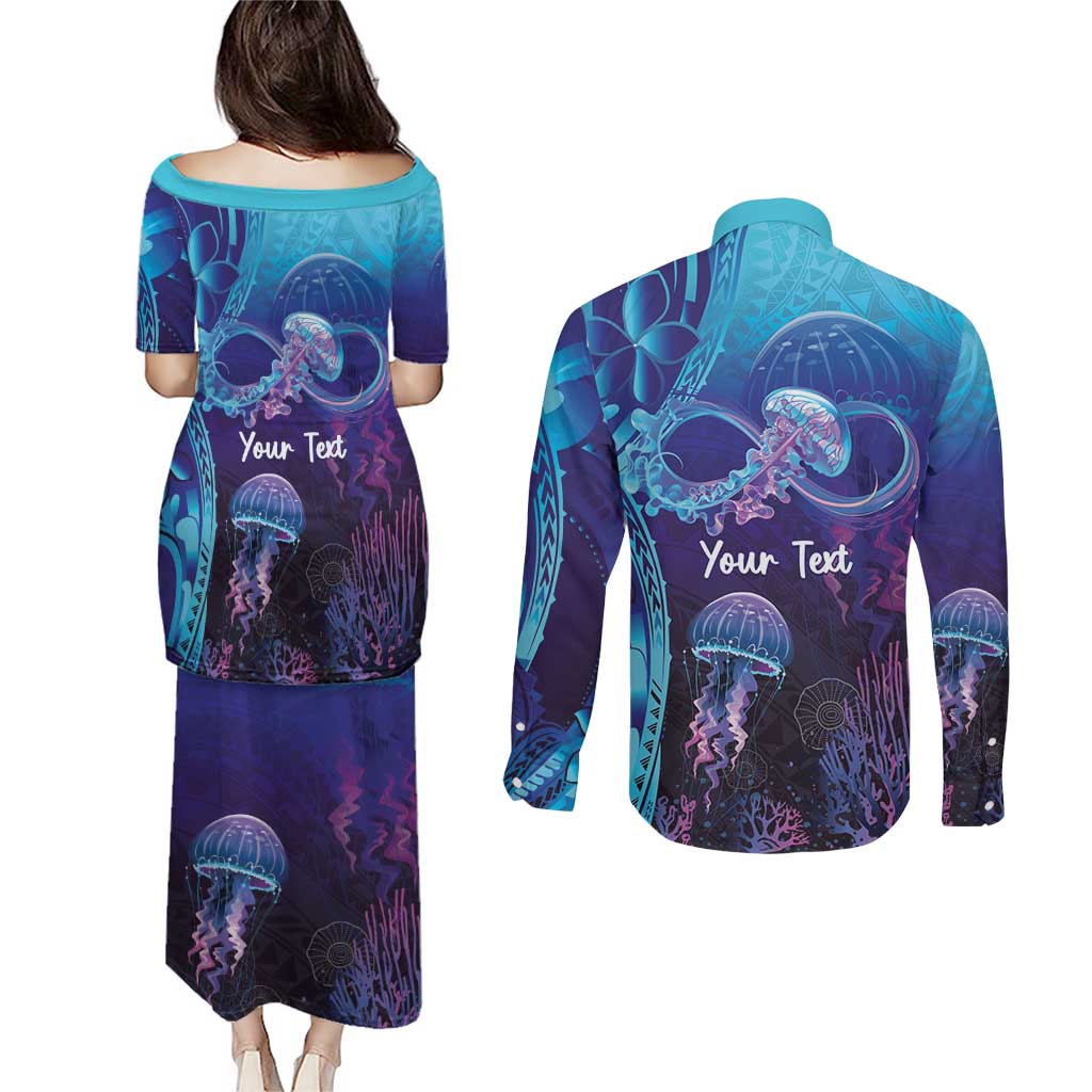 Polynesia Jellyfish Memorial Personalised Couples Matching Puletasi and Long Sleeve Button Shirt Infinity Jellies Polynesian Pattern LT14 - Polynesian Pride