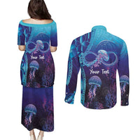 Polynesia Jellyfish Memorial Personalised Couples Matching Puletasi and Long Sleeve Button Shirt Infinity Jellies Polynesian Pattern LT14 - Polynesian Pride