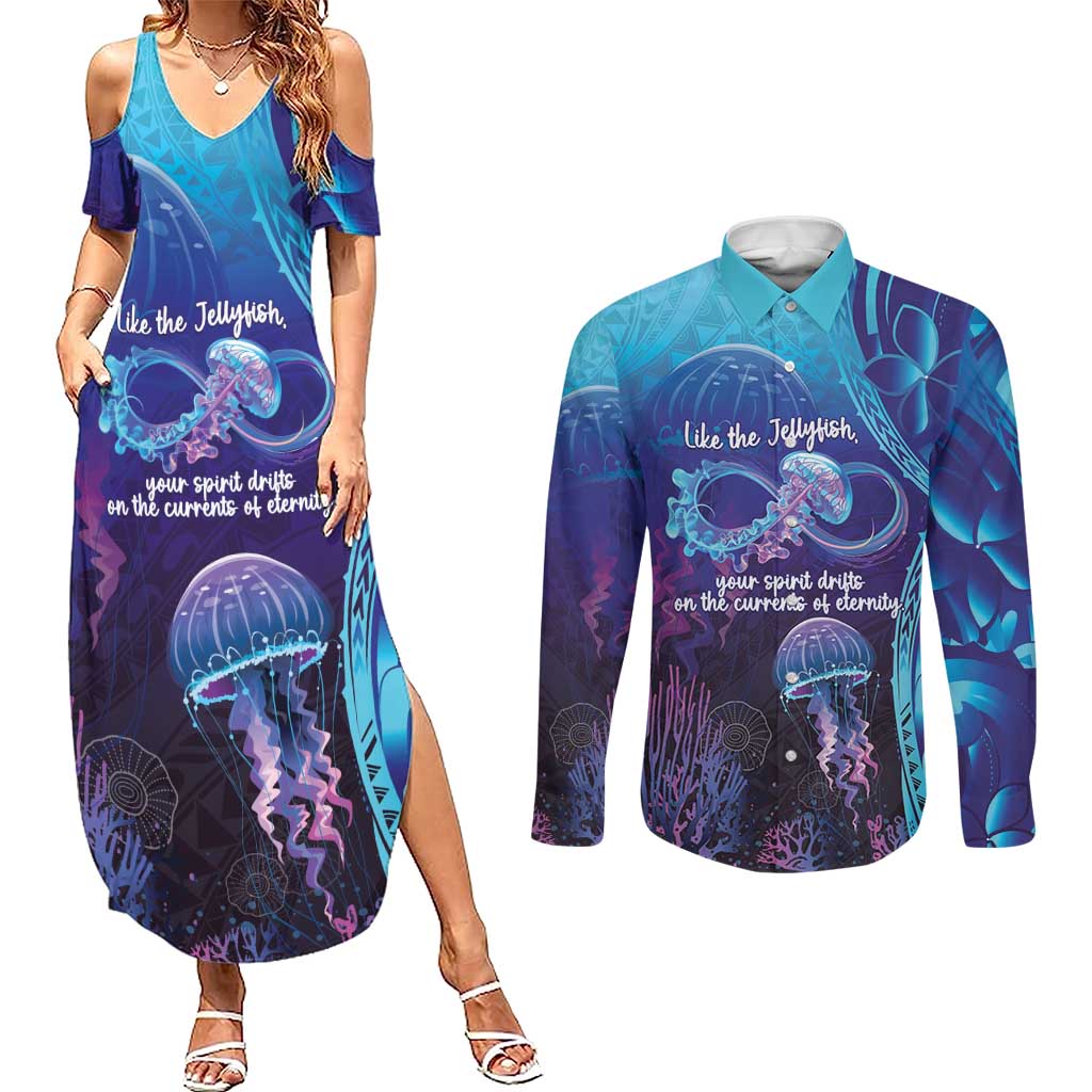 Polynesia Jellyfish Memorial Personalised Couples Matching Summer Maxi Dress and Long Sleeve Button Shirt Infinity Jellies Polynesian Pattern