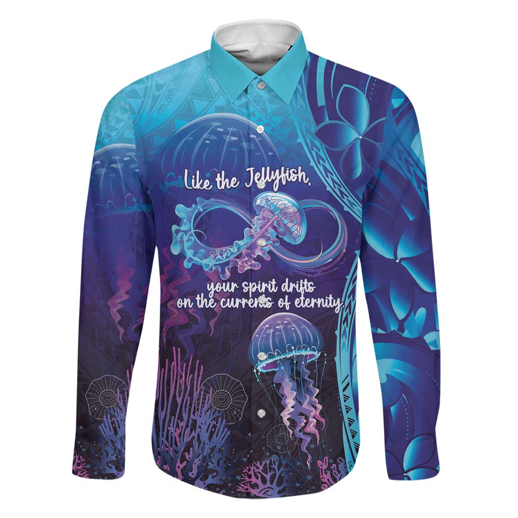 Polynesia Jellyfish Memorial Personalised Family Matching Off Shoulder Maxi Dress and Hawaiian Shirt Infinity Jellies Polynesian Pattern LT14 Dad's Shirt - Long Sleeve Purple - Polynesian Pride