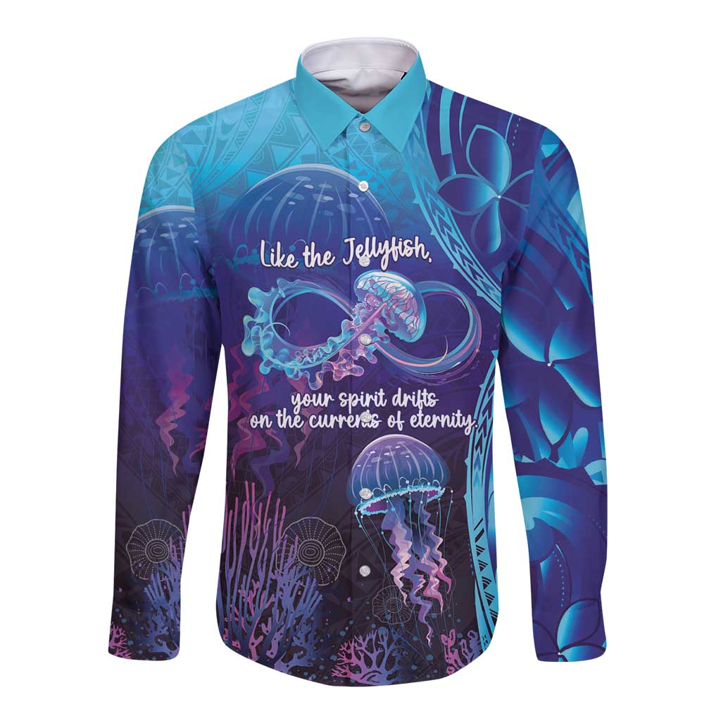 Polynesia Jellyfish Memorial Personalised Long Sleeve Button Shirt Infinity Jellies Polynesian Pattern LT14 Unisex Purple - Polynesian Pride