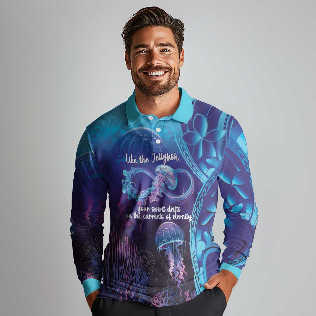 Polynesia Jellyfish Memorial Personalised Long Sleeve Polo Shirt Infinity Jellies Polynesian Pattern LT14 - Polynesian Pride