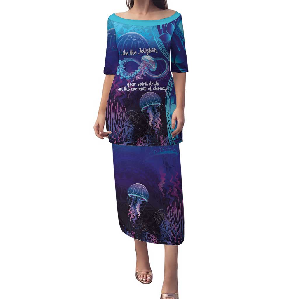 Polynesia Jellyfish Memorial Personalised Puletasi Infinity Jellies Polynesian Pattern LT14 Long Dress Purple - Polynesian Pride