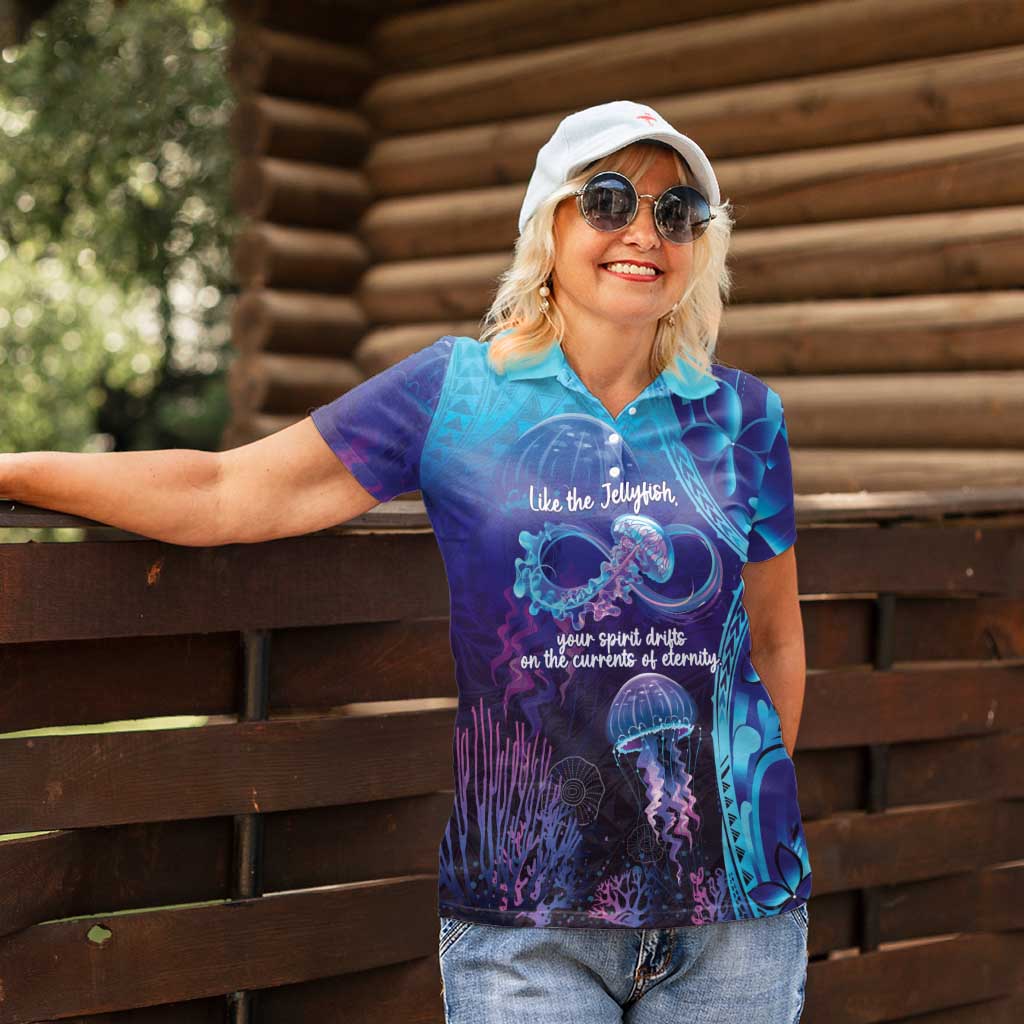 Polynesia Jellyfish Memorial Personalised Women Polo Shirt Infinity Jellies Polynesian Pattern