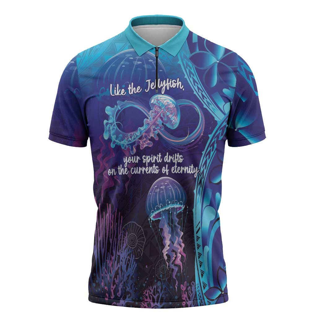 Polynesia Jellyfish Memorial Personalised Zipper Polo Shirt Infinity Jellies Polynesian Pattern