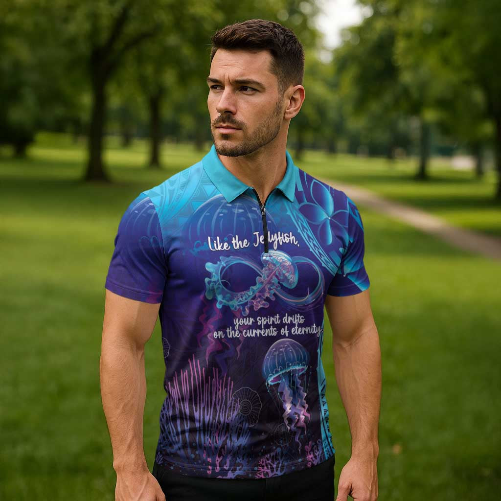 Polynesia Jellyfish Memorial Personalised Zipper Polo Shirt Infinity Jellies Polynesian Pattern