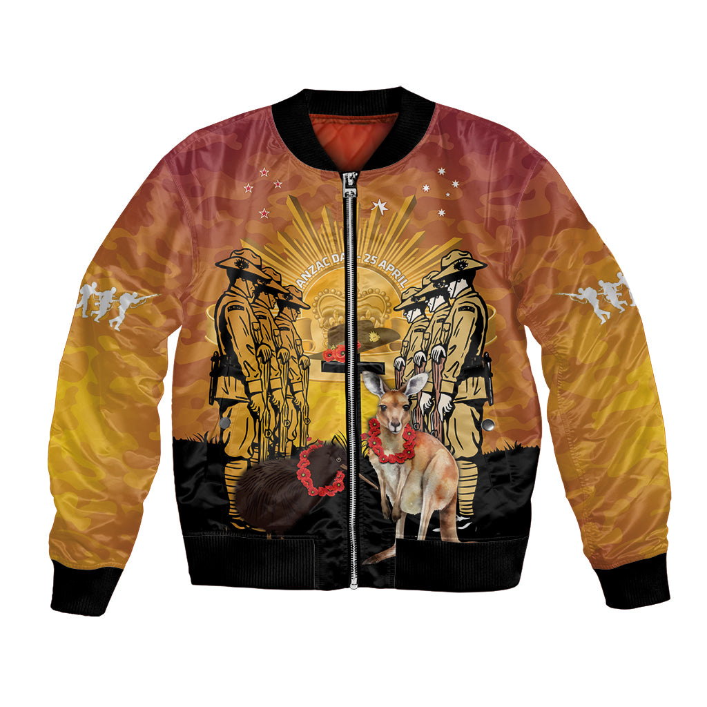 Australia And New Zealand ANZAC Bomber Jacket Aussie Kangaroo With Aotearoa Kiwi Lest We Forget LT14 Unisex Yellow - Polynesian Pride