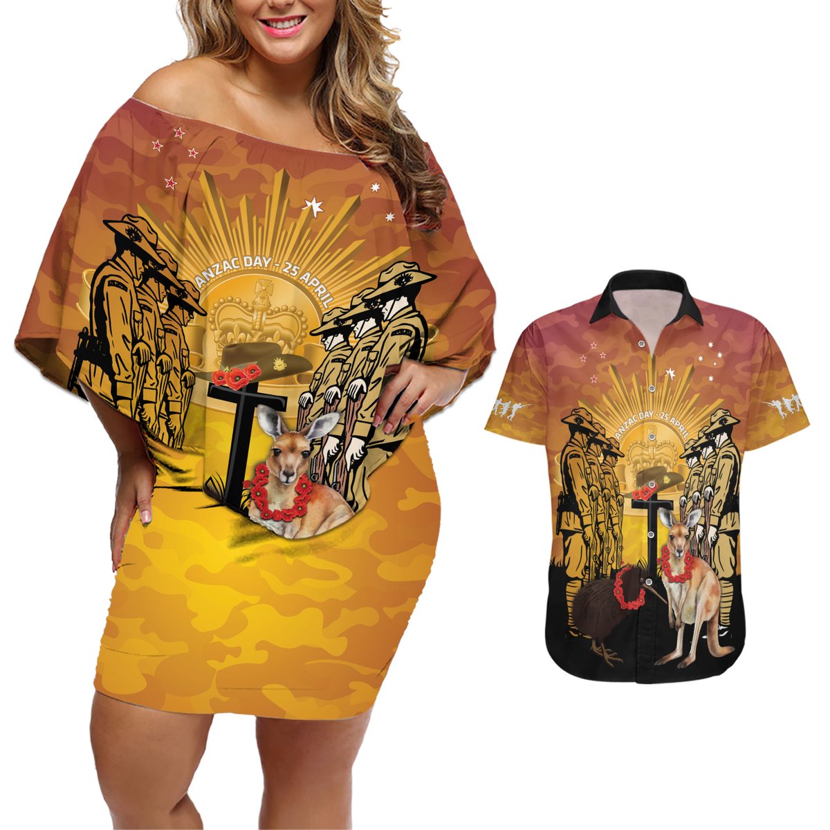 Australia And New Zealand ANZAC Couples Matching Off Shoulder Short Dress and Hawaiian Shirt Aussie Kangaroo With Aotearoa Kiwi Lest We Forget LT14 Yellow - Polynesian Pride