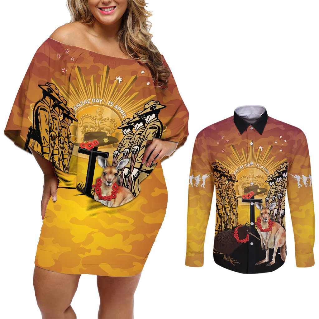 Australia And New Zealand ANZAC Couples Matching Off Shoulder Short Dress and Long Sleeve Button Shirt Aussie Kangaroo With Aotearoa Kiwi Lest We Forget LT14 Yellow - Polynesian Pride