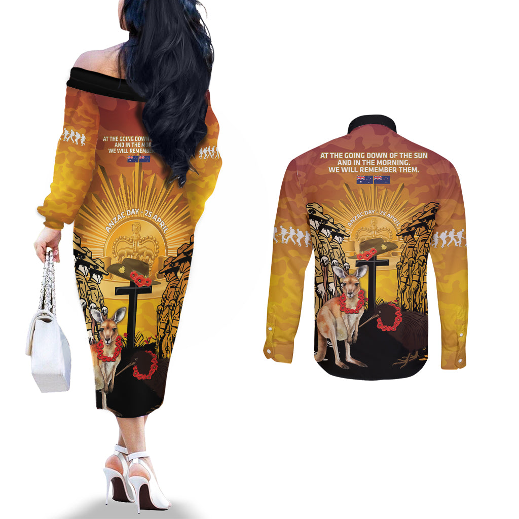 Australia And New Zealand ANZAC Couples Matching Off The Shoulder Long Sleeve Dress and Long Sleeve Button Shirt Aussie Kangaroo With Aotearoa Kiwi Lest We Forget