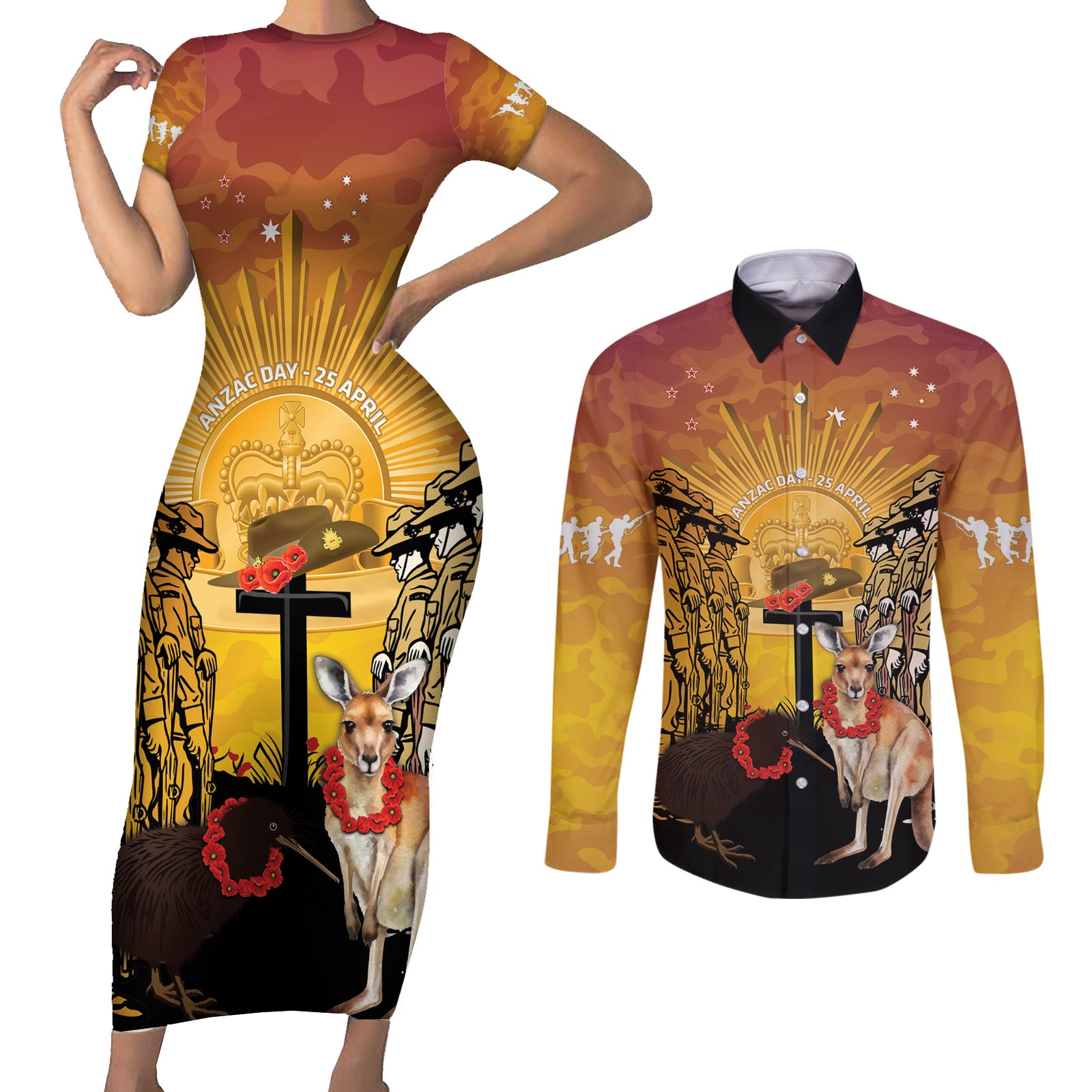 Australia And New Zealand ANZAC Couples Matching Short Sleeve Bodycon Dress and Long Sleeve Button Shirt Aussie Kangaroo With Aotearoa Kiwi Lest We Forget LT14 Yellow - Polynesian Pride