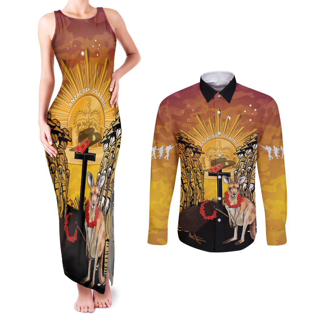 Australia And New Zealand ANZAC Couples Matching Tank Maxi Dress and Long Sleeve Button Shirt Aussie Kangaroo With Aotearoa Kiwi Lest We Forget LT14 Yellow - Polynesian Pride