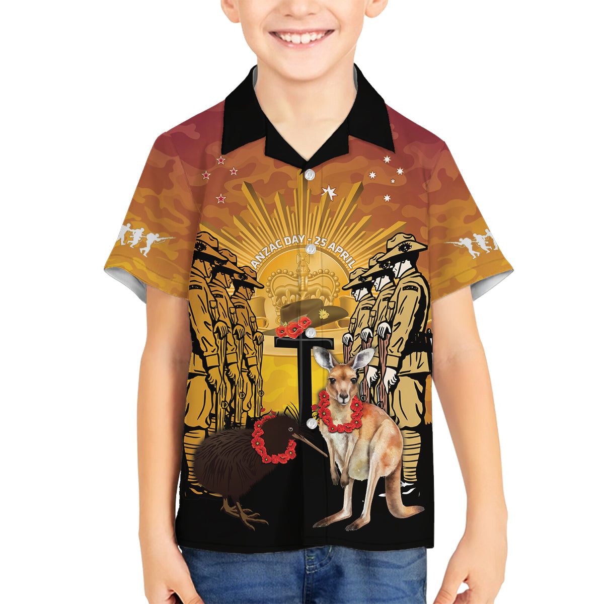 Australia And New Zealand ANZAC Family Matching Off Shoulder Short Dress and Hawaiian Shirt Aussie Kangaroo With Aotearoa Kiwi Lest We Forget