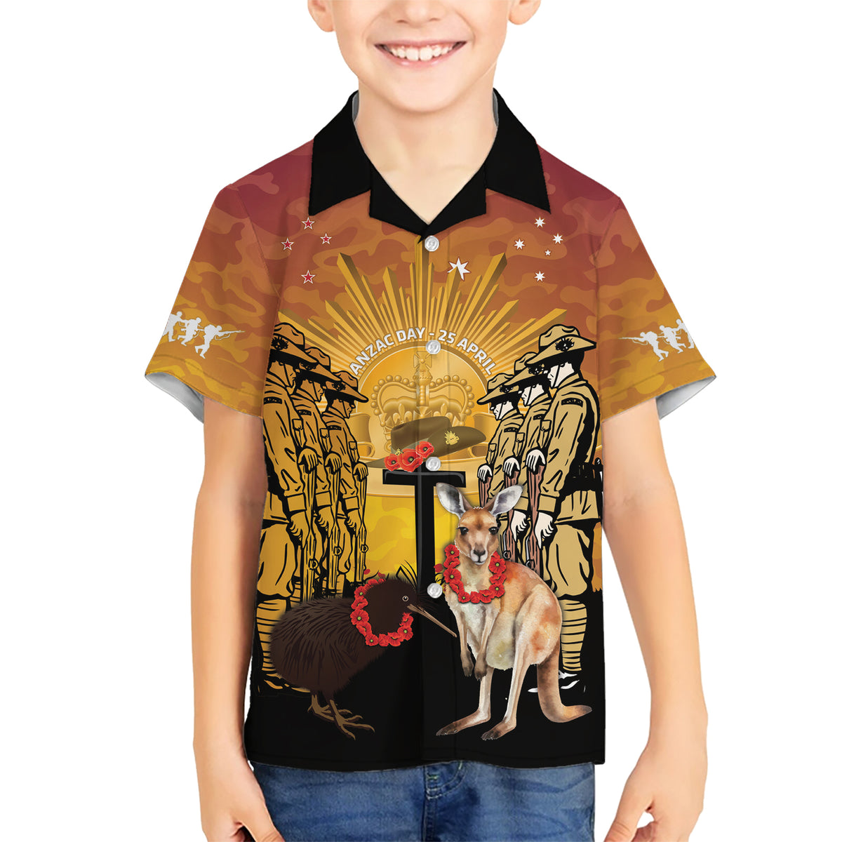 Australia And New Zealand ANZAC Family Matching Short Sleeve Bodycon Dress and Hawaiian Shirt Aussie Kangaroo With Aotearoa Kiwi Lest We Forget