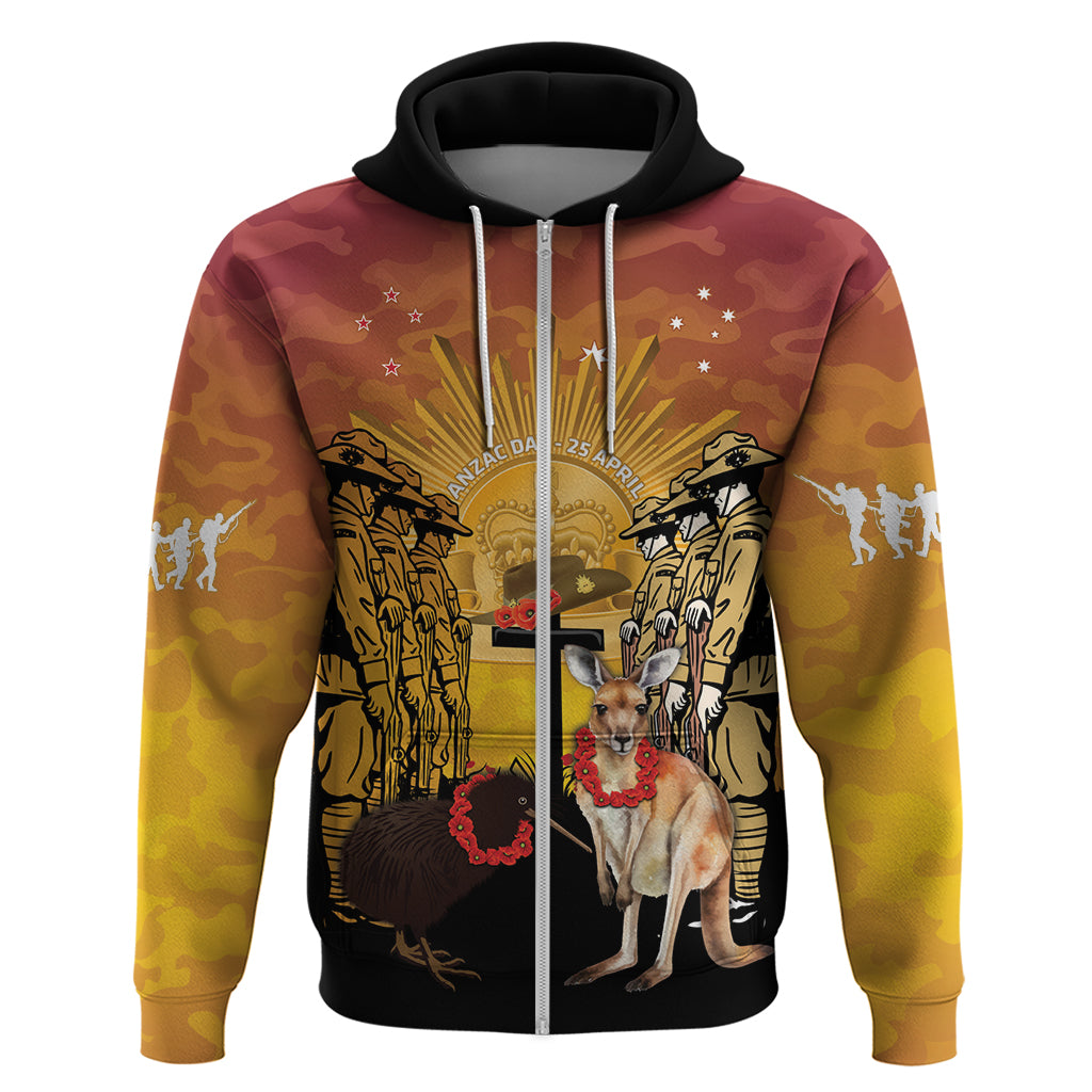 Australia And New Zealand ANZAC Hoodie Aussie Kangaroo With Aotearoa Kiwi Lest We Forget LT14 Zip Hoodie Yellow - Polynesian Pride